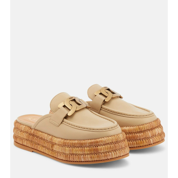 Tods Kate Leather/Raffia Slip On Platform Mules Slippers Natural Women's EU 38 - Picture 1 of 9